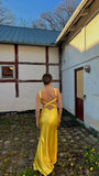 Yellow Mermaid Yellow Satin V-neck Backless Long Evening Prom Dresses Wedding Guest Dress HZ0311