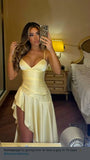 Simple Mermaid Spaghetti Straps Yellow Satin High Low Prom Dresses Inspiration Evening Gowns For Women Formal Party Dress HZ0311