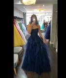 Stunning Navy Blue Strapless Beaded Tulle Long Prom Dresses Evening Formal Dress HZ0311