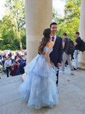 Cute Ball Gown Off The Shoulder Light Sky Blue Lace Tulle Prom Dresses Party Dress Birthday Outfits Graduation Dress HZ0311
