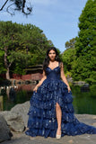 Elegant Ball Gown Sweetheart With Lace Strap Navy Blue Long Pleated Ruffles Slit Prom Dresses Vestidos De Dia HZ0311