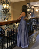 Shinning A Line Square Neck Blue Backless Sequin Prom Dresses For Teens Formal Dress Party Outfits Prom Gowns HZ0311