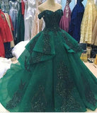 Modest Ball Gown Off The Shoulder Emerald Green Tulle Lace Prom Dresses With Sleeves Party Dress Evening Dresses HZ0311