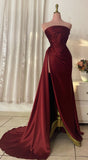 Elegant Mermaid Strapless Burgundy With Pleated Slit Long Formal Prom Evening Dress Dinner Outfits Party Gowns HZ0311