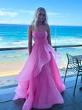Gorgeous Fashion Pink A Line Strapless Organza Prom Dress Formal Gowns HZ0311