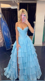 Classy Ball Gown Sweetheart Light Blue Chiffon With Slit Split Prom Dress Aesthetic For Teens Formal Dress Party Outfits Prom Gowns HZ0311