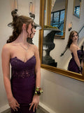 Grape Lace Mermaid Long Prom Dress Strapless Long Formal Dress Evening Dress HZ0311