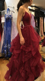 Ball Gown Spaghetti Straps Burgundy Ruffles Prom Dress Birthday Gowns HZ0311
