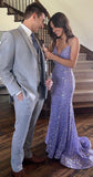 Sexy Mermaid Spaghetti Straps Sequin Lilac Women's Evening Dresses Sleeveless Prom Gowns Customized HZ0311