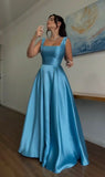 Gorgeous A Line Square Neck Blue Satin Sleeveless Prom Dresses Long Prom Gown HZ0311