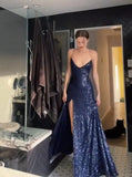 Modest Mermaid V Neckline Marine Ball Dresses Long Formal Gowns Navy Blue Sequin Slit Prom Dresses Evening Gowns HZ0311