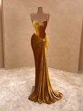 Sexy Mermaid Spaghetti Strap Gold Velvet Long Prom Dresses Senior Graduation Dance Evening Outfits HZ0311