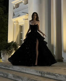 Sparkly Ball Gown Strapless Black Prom Dresses Fashion Evening With Slit Sequin Long Formal Party Gowns HZ0311