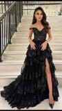 Sexy Ball Gown Off The Shoulder Lace Slit For Black People Girls Prom Dresses Sequin Long Formal Evening Party Gowns HZ0311