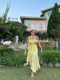 Simple A Line Ruffles With Scarf Prom Dress Women Spaghetti Strap Yellow Chiffon Sleeveless Vacation Wedding Guest Gown HZ0311