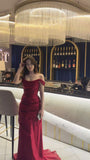 Sexy Mermaid Off The Shoulder Red Satin With Beaded Long Prom Dresses For Teens Girls Formal Dress Party Birthday Outfits HZ0311