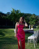 Modest Mermaid Strapless Hot Pink Satin Slit Prom Dresses Sleeveless Long Formal Party Gown HZ0311