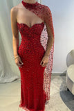 Gorgeous Red Sweetheart Mermaid Prom Dresses Sleeveless Strapless With Gem Party Gown HZ0311