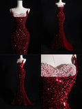 Sparkly Mermaid Spaghetti Straps Sequins Burgundy Long Formal Fancy Prom Evening Dress Dinner Outfits Classy Party Gowns HZ0311