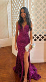 Shinning Mermaid Spaghetti Straps Grape Sequin Slit Long Prom Dresses Inspiration Evening Gowns For Women Formal Party Dress HZ0311