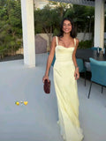 Simple A Line Spaghetti Strap Yellow Satin Long Prom Dresses Formal Dress Party 20th Birthday Outfits HZ0311