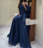 Modest Navy Blue Organza A-line Evening Prom Dresses Long Formal Party Gowns HZ0311