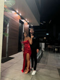 Simple Sheath Strapless Red With Slit Satin Long Prom Dresses Formal Dress Party 20th Birthday Outfits HZ0311