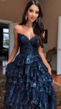 Special A Line Sweetheart Dark Navy Blue Lace Sequin Sleeveless Long Prom Dresses Inspo Prom Gown HZ0311