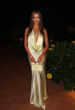 Chic Mermaid Halter Yellow Silky Satin Long Prom Dresses Sleeveless Formal Dresses HZ0311