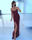 Gorgeous Mermaid Spaghetti Strap Burgundy Sequined With Beadings Slit Formal Evening Dress Gowns Prom Dresses HZ0311