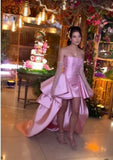 Chic Sheath High Low Strapless Pink Satin With Gloves Prom Dresses Sleeveless Formal Dresses HZ0311