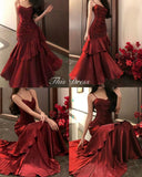 Gorgeous Mermaid Spaghetti Strap Burgundy With Ruffles Pleated Formal Evening Dress Gowns Prom Dresses HZ0311
