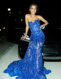 Sparkly Mermaid Sweetheart Royal Blue Sequined Long Prom Dresses Sleeveless Formal Dresses HZ0311