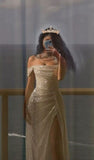 Beige Off Shoulder Mermaid Sequin Long Prom Dresses Elegant Evening Gowns with Slits HZ0311