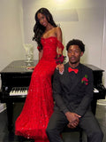 Glitter Mermaid Off The Shoulder Red Sequins Long Formal Fancy Prom Evening Dress Dinner Outfits Classy Party Gowns For Black Girls HZ0311