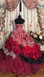 Wine Red Strapless A-Line Lace Floral Long Prom Dress Evening Ball Gown Sweet16 Dress, HZ0427