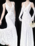 Elegant Women's Mermaid V Neck With Gloves Sleeveless White Lace Long Wedding Gowns Dresses HZ0311