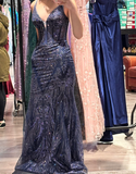 Stunning Prom Dress Navy Blue Spaghetti Straps Evening Dress Long Cocktail Outfits Gala Gown HZ0427