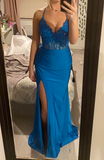 Fashion Prom Dress Blue Spaghetti Straps Slit Evening Dress Long Party Outfits Gala Gown HZ0427