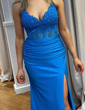 Fashion Prom Dress Blue Spaghetti Straps Slit Evening Dress Long Party Outfits Gala Gown HZ0427