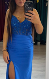 Fashion Prom Dress Blue Spaghetti Straps Slit Evening Dress Long Party Outfits Gala Gown HZ0427