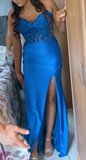 Fashion Prom Dress Blue Spaghetti Straps Slit Evening Dress Long Party Outfits Gala Gown HZ0427