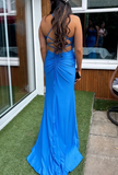 Fashion Prom Dress Blue Spaghetti Straps Slit Evening Dress Long Party Outfits Gala Gown HZ0427