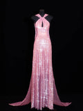 Sparkly Sequin A line Halter Pink Sequined Long Prom Dresses Inspiration Evening Gowns Formal Party Prom Dress HZ0311