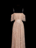 Sparkly Sequin A line Spaghetti Strap Sequined Champagne Long Prom Dresses Inspiration Evening Gowns Formal Party Prom Dress HZ0311