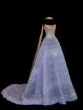 Sparkling Ball Gown Strapless Lilac Scarf With Gold Beaded Inspo Formal Party Gowns Long Prom Dresses HZ0311