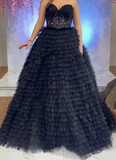 Elegant Prom Dress Black Sweetheart Pleated Tulle Long Gala Gown Evening Dress Party Outfits HZ0427