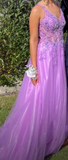 Morden Prom Dress A Line Purple Spaghetti Straps Pleated Tulle Long Gala Gown Evening Dress Party Outfits HZ0427
