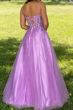 Morden Prom Dress A Line Purple Spaghetti Straps Pleated Tulle Long Gala Gown Evening Dress Party Outfits HZ0427