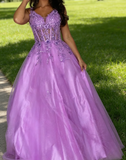 Morden Prom Dress A Line Purple Spaghetti Straps Pleated Tulle Long Gala Gown Evening Dress Party Outfits HZ0427